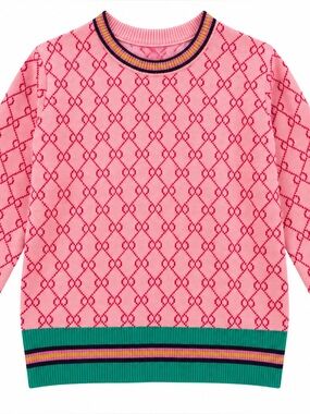 Pink Patterned Crewneck Sweater with Green Trim